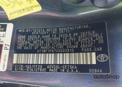 2012 Toyota Camry Se from USA, damaged, VIN 4T1BF1FK7CU502910